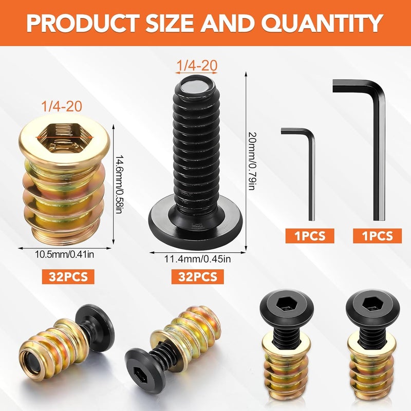 Hapric 32 Sets Threaded Inserts for Wood Furniture Screws - 1/4-20 x 25/32" Inserts and Bolts - Hex Socket Drive - 1/4-20 x 19/32" Screw-in Nuts - Image 2